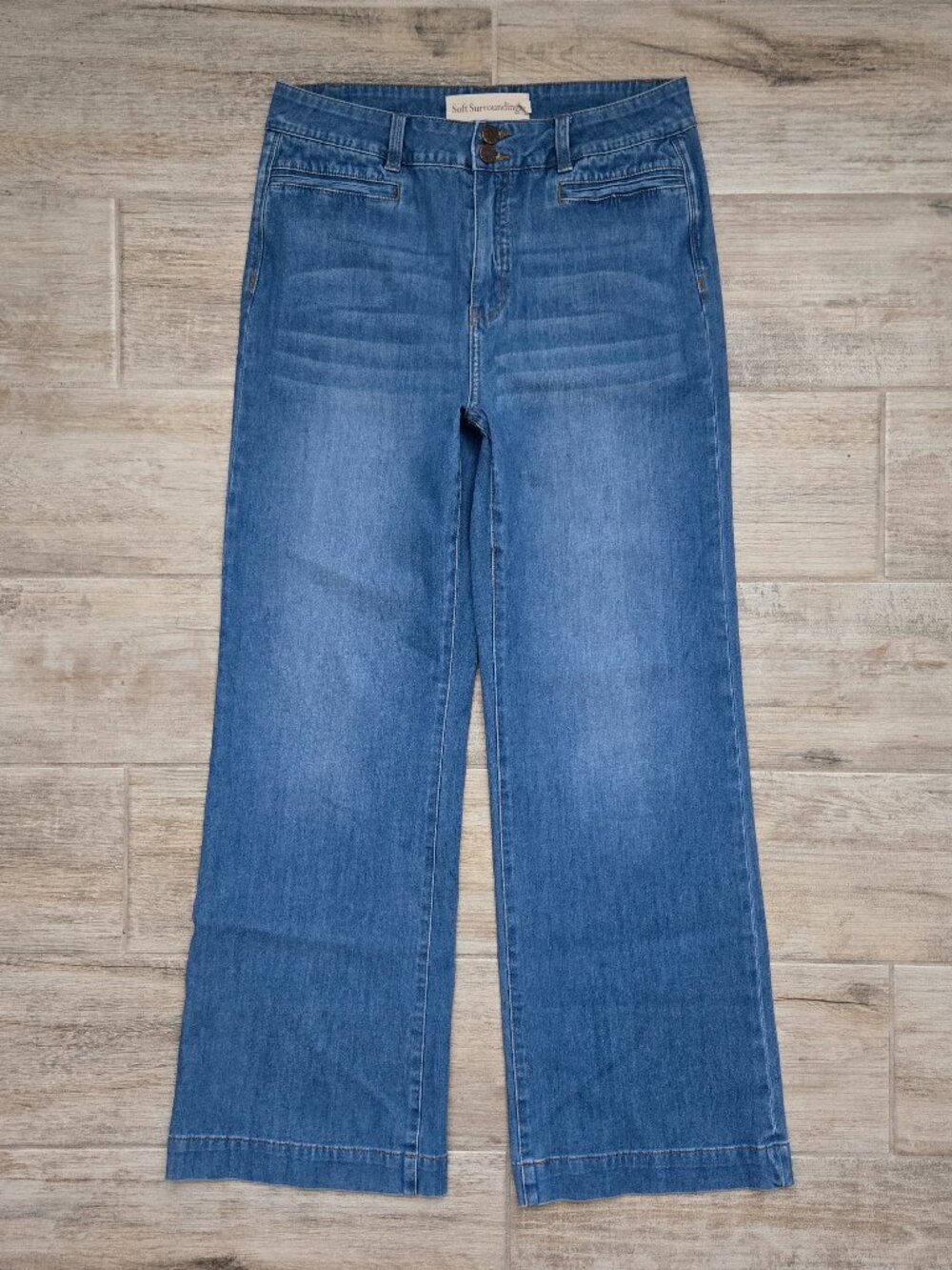 Soft Surroundings High Rise Flare Jeans Womens Medium Blue Chunky Hem Retro 12